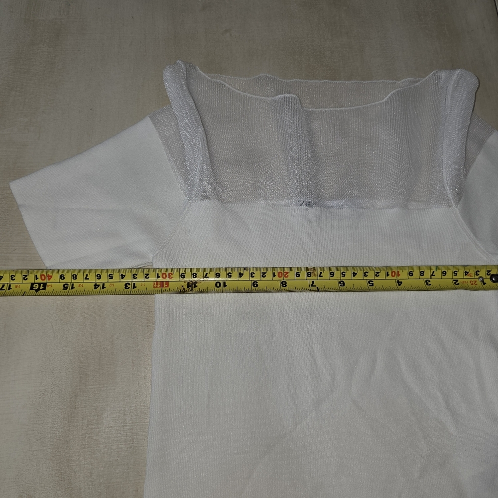 Zara White Sheer Mesh Yoke Ribbed Knit Top Short Sleeve Size Medium - Picture 7 of 9